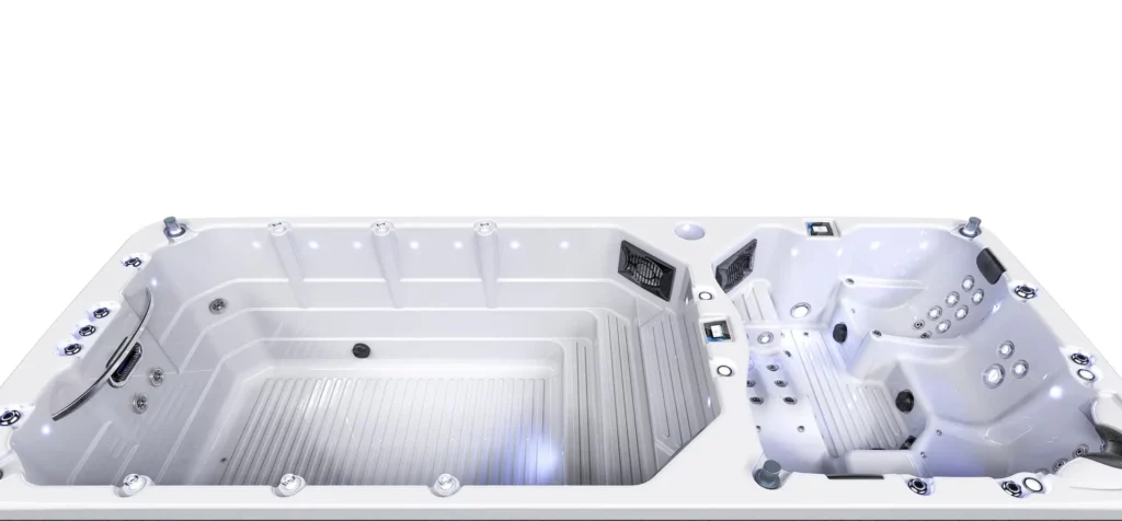 a white rectangular tub with lights