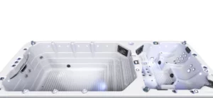 a white rectangular tub with lights